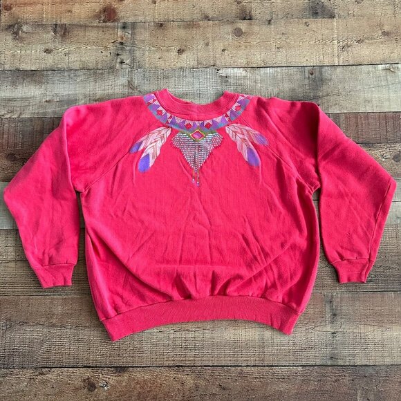 90's Hanes Her Way pink Native feather print pullover sweater Large - Picture 1 of 7